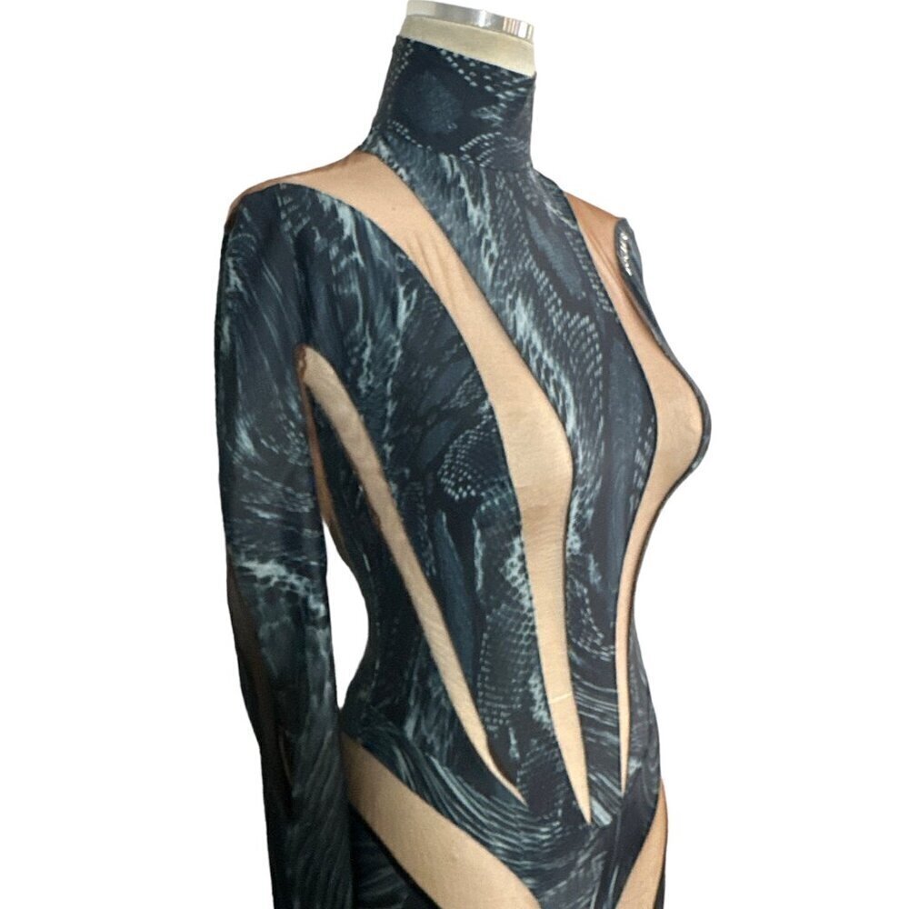 MUGLER Womens Long Sleeve Jumpsuit in Warped Snake Black Nude 34 New Catsuit - Picture 8 of 16
